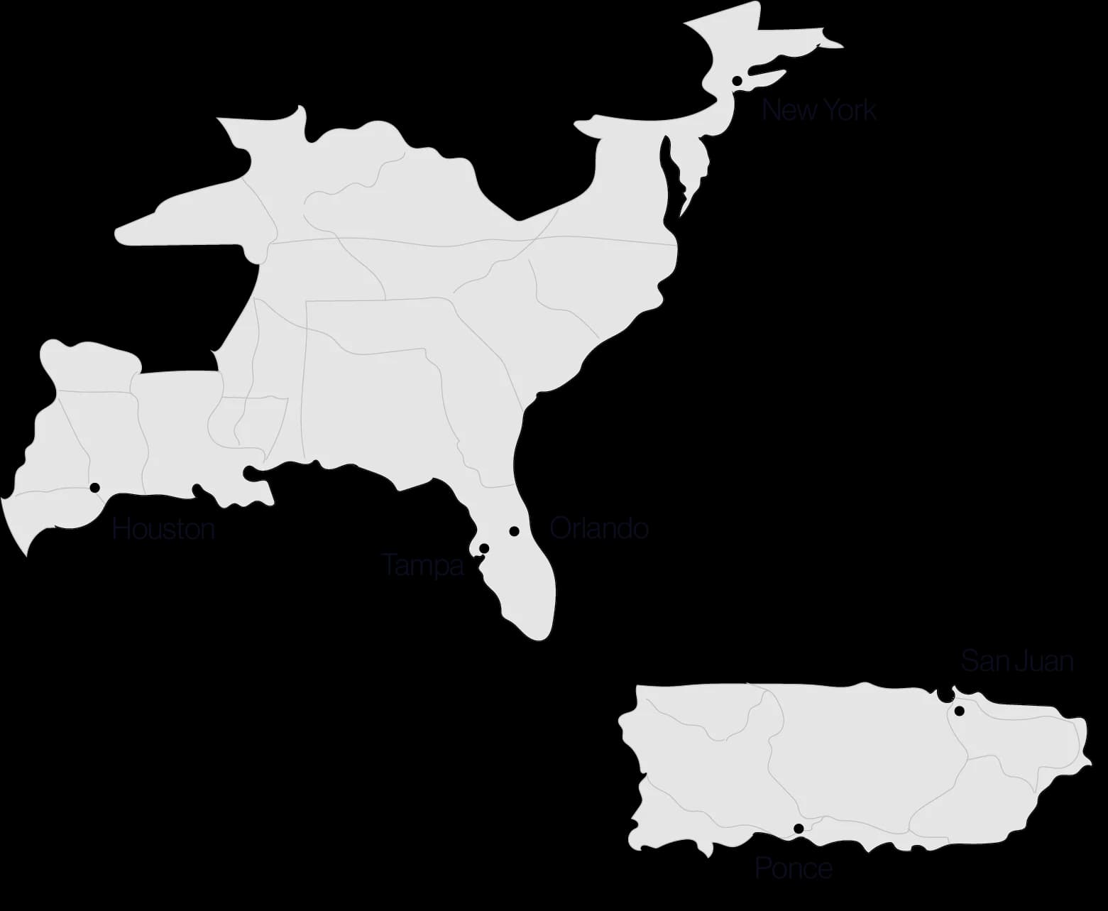 Ubicaciones donde opera FOCUS Hub: New York, Houston, Tampa, Orlando, San Juan, Ponce